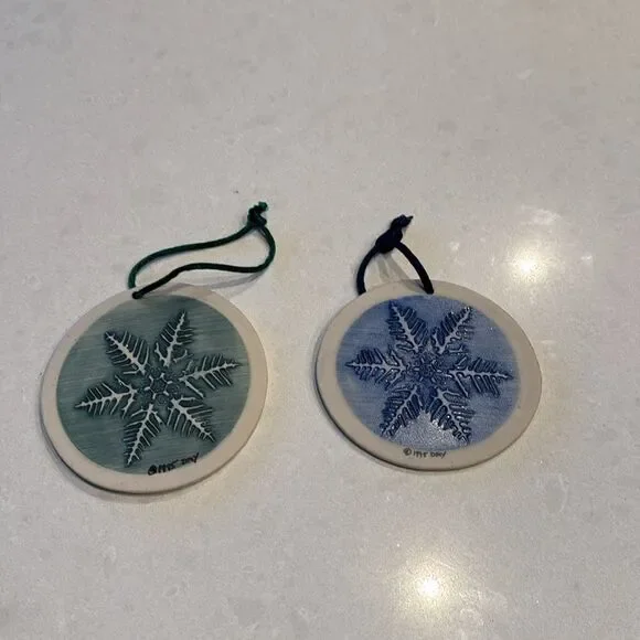 Hidden Cove pottery, 2 ornaments designed by Mike and Donna Day, 1995, nice.